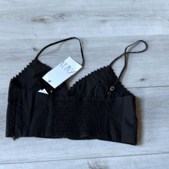 ZARA POPLIN TOP WITH LACE TRIMS BLACK M NWT - Picture 6 of 6